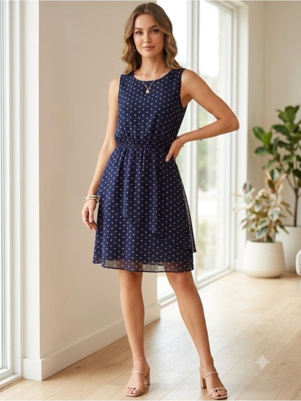 Enfocus Studio Navy Dress with Pink Polka Dots